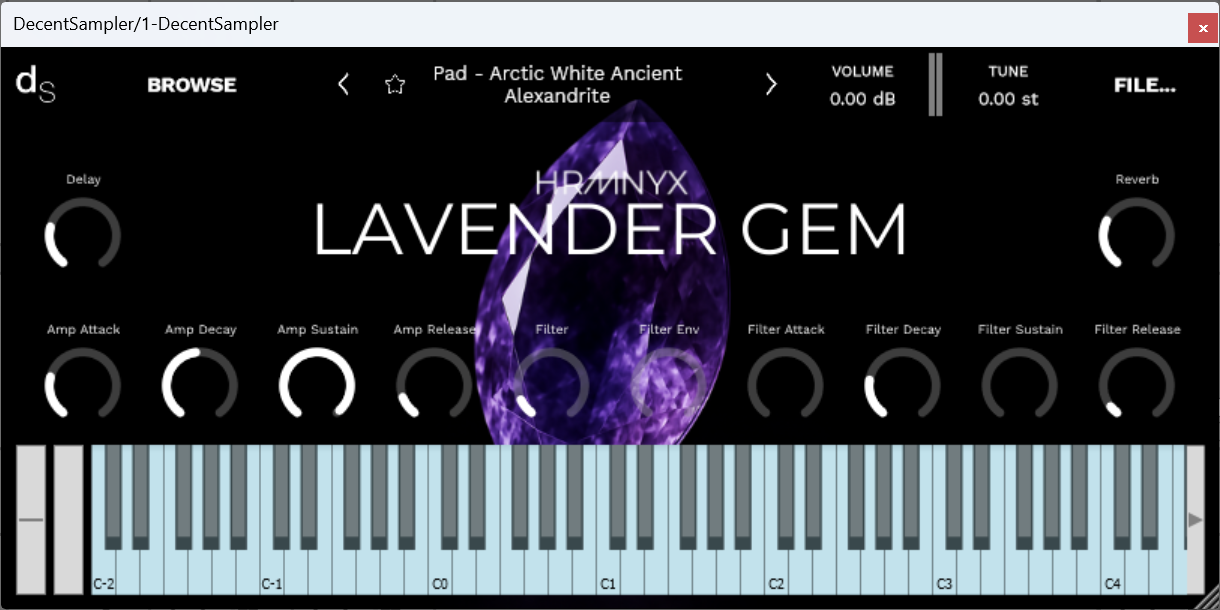 A screenshot of the Lavender Gem Sample Library instrument interface in Decent Sampler.